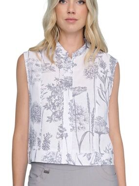 Laura Bianchi White Floral Linen Zip Sleeveless Crop Top